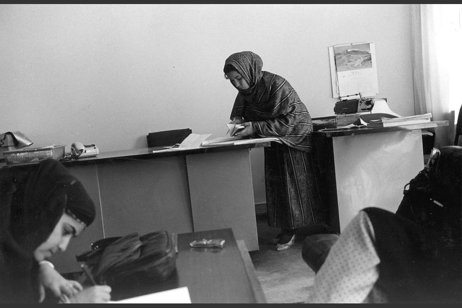 Two women working in an office.