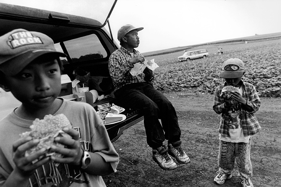 A father and two sons eating in front of a car in a field.
