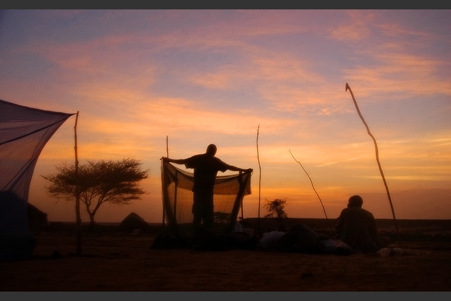 A person folding a mosquito net against an orange sky.