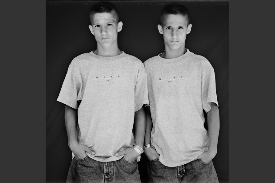 Black and white portrait of twin boys.