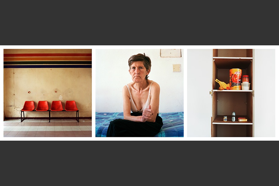 Triptych with chairs, woman, and shelves.