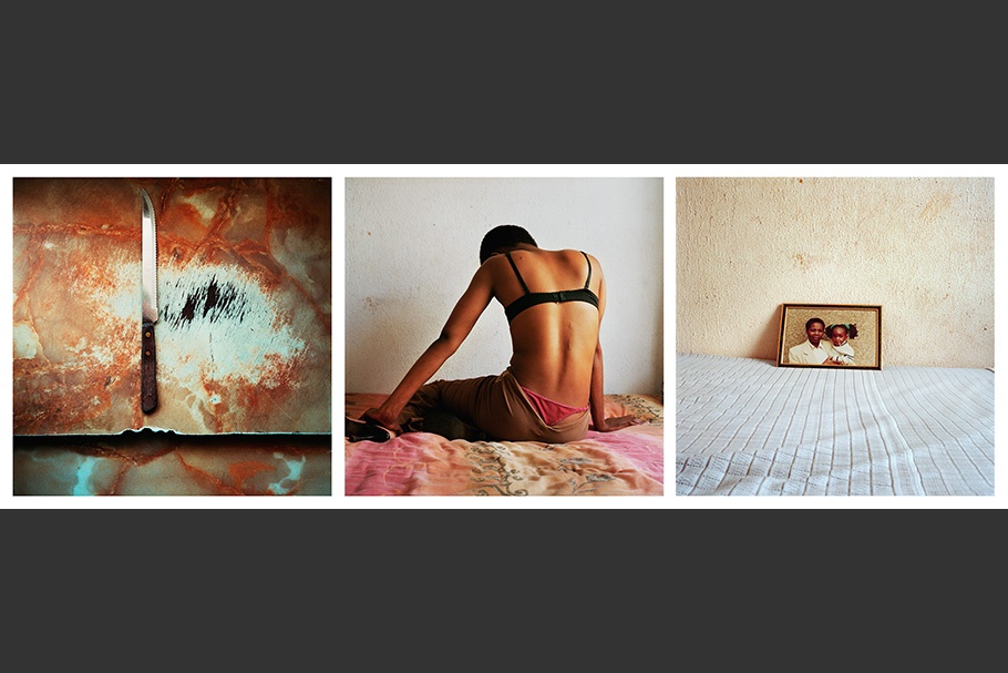 Triptych of a knife, person sitting on a bed, picture on a bed.