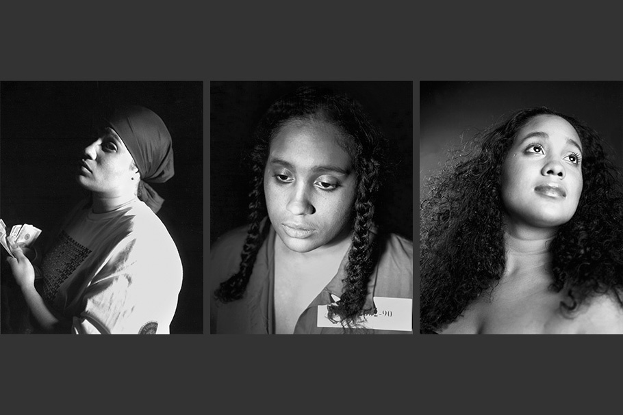 Triptych with three self-portraits: holding cash, hair in braids, hair loose.