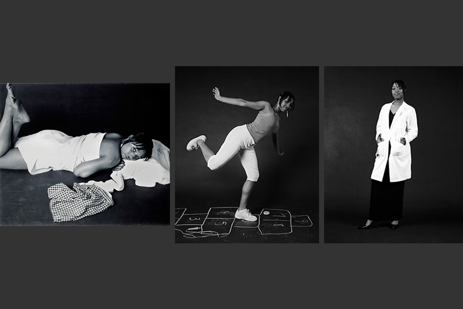 Triptych of self-portraits: lying down, playing hopscotch, in white coat. 