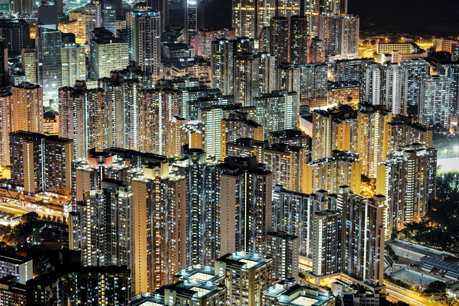 Aerial view of high-rises at night