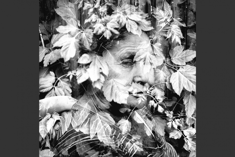 A woman with a picture of leaves superimposed over her face.