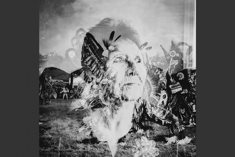 A picture of Native Americans in a yard superimposed over a woman's face.