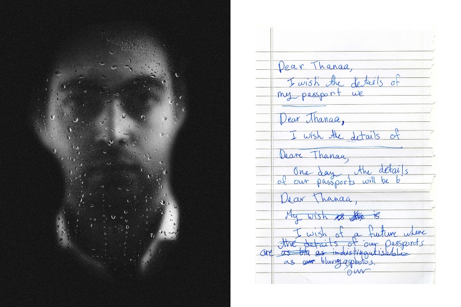 A diptych A face behind wet glass and a handwritten letter