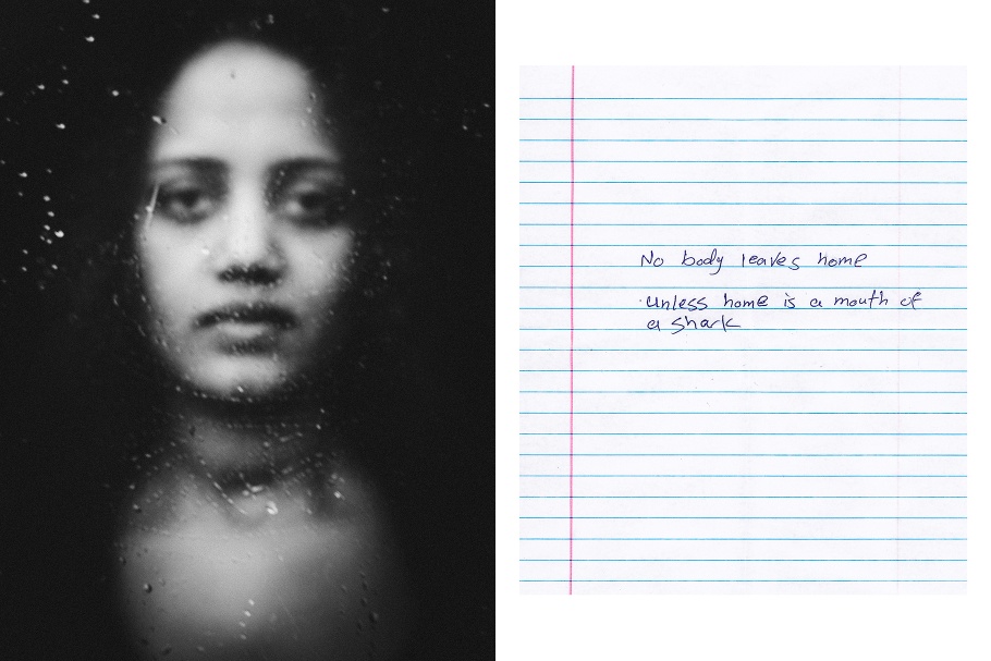 A diptych of a woman and a short handwritten note on lined paper