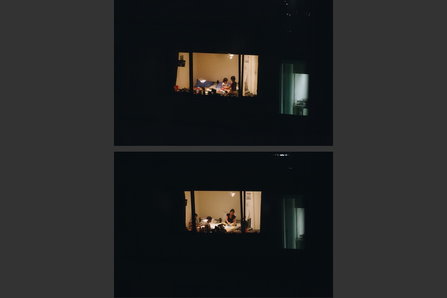 A diptych of window with children in a room and a window with a woman and children in a room