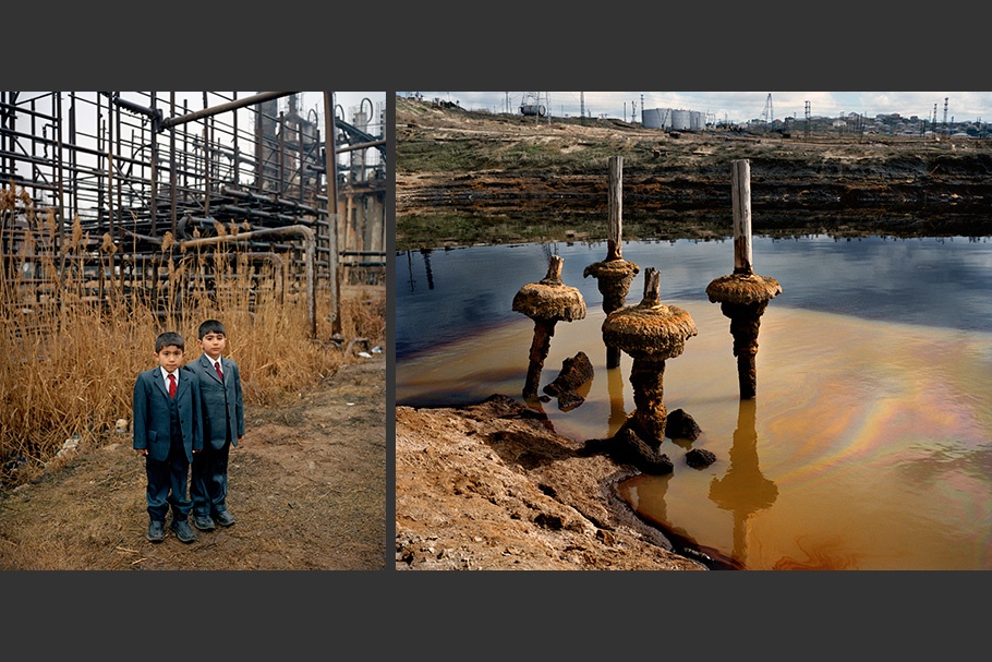 An image of two schoolboys next to an image of an oil field.