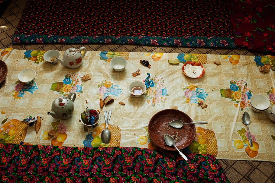 Table with food, viewed from above.