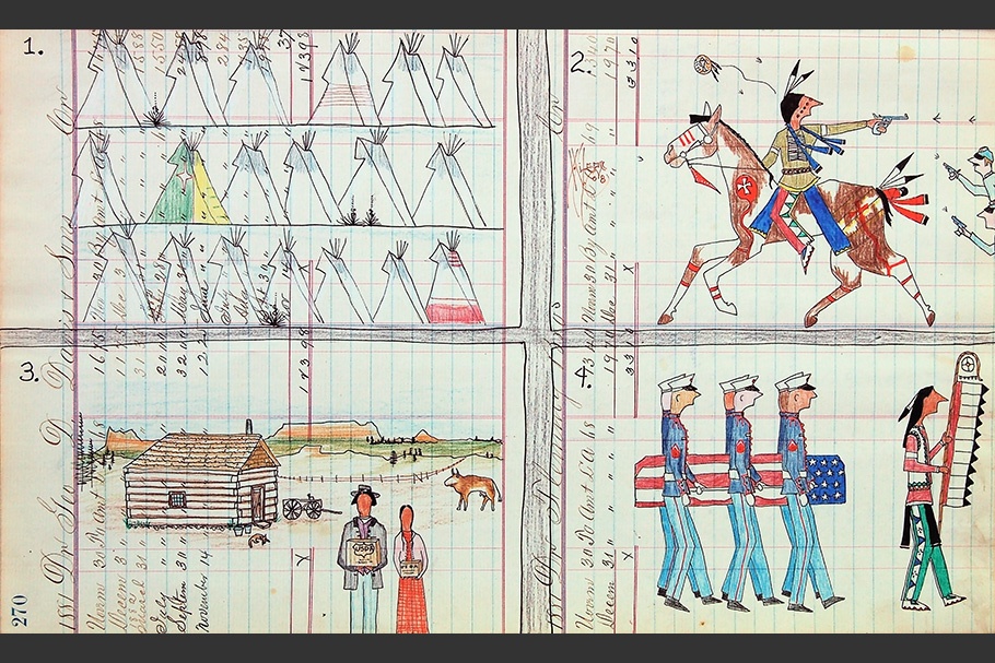 Drawing of four scenes with Native Americans.