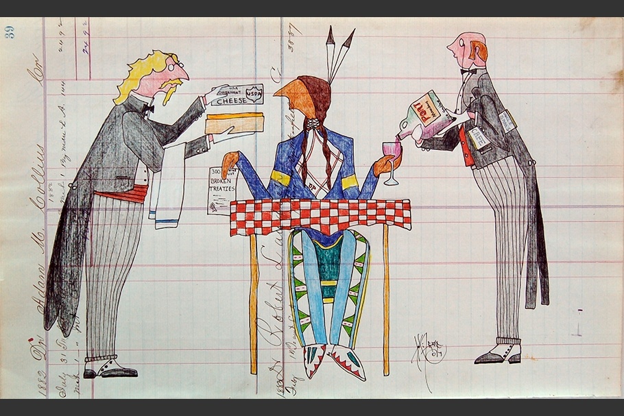 Drawing of waiters serving a Native American man.