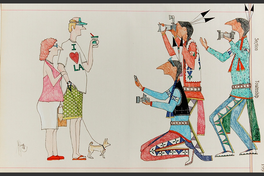 Drawing of Native Americans taking photos of a white couple.