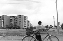 A bicyclist in front of a building.
