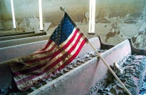Church pews with flag.