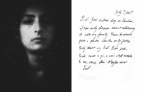 A diptych of a woman behind wet glass and a handwritten letter